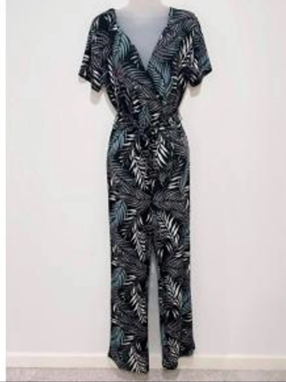 Floral Leaf Wrap-Front Black & Teal Wide-Leg Jumpsuit